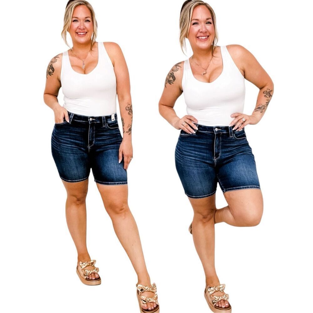 Judy Blue Bermuda Shorts High Rise Flap Pocket Stretch Denim Dark Wash NWT - Picture 3 of 13